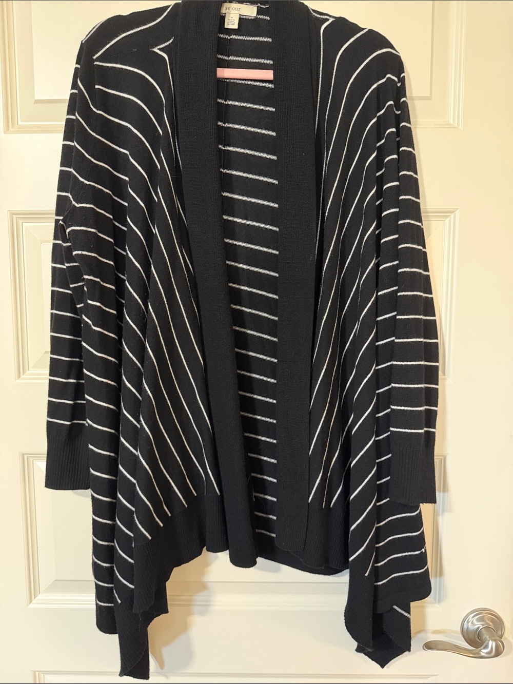 Sejour Black & White Striped Open-Front Draped Sweater Cardigan